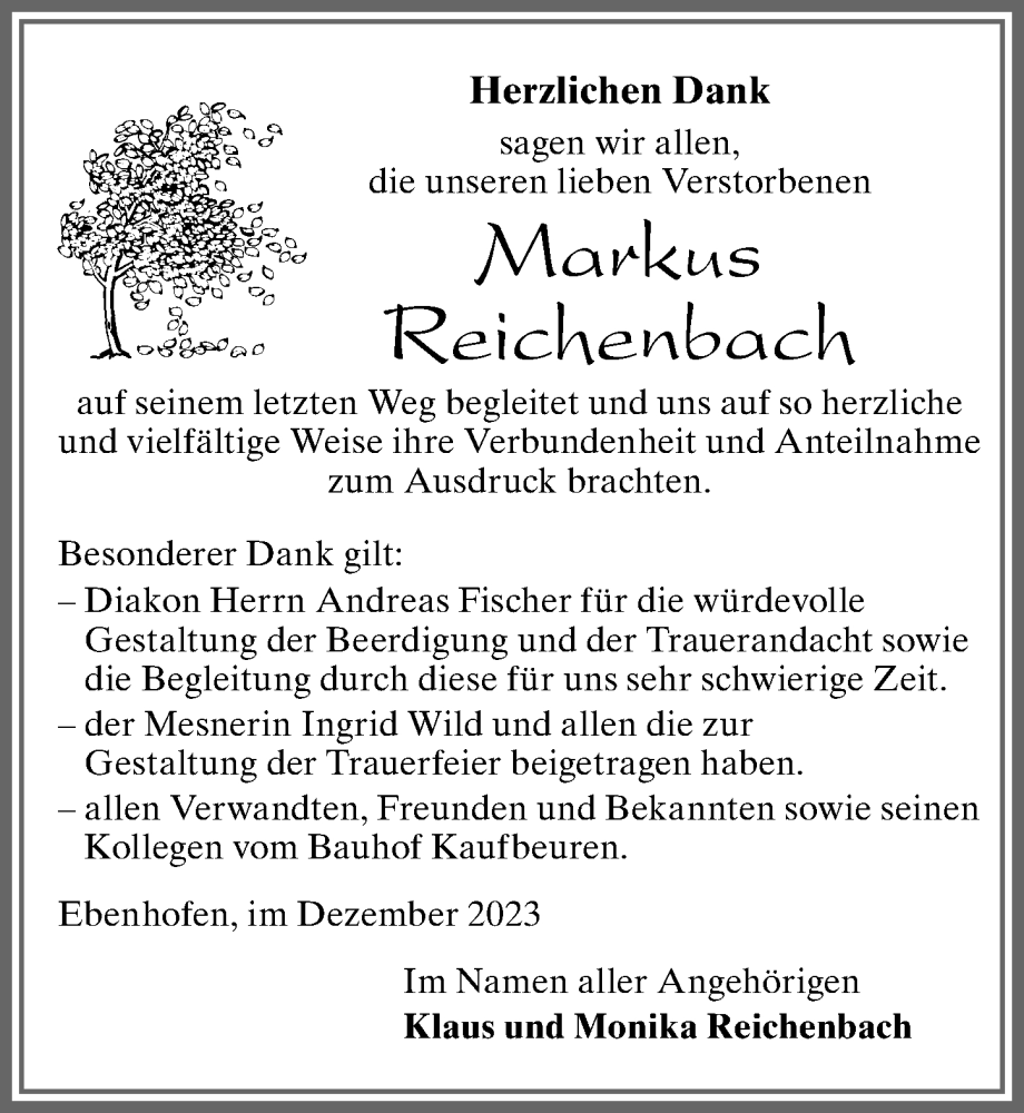  Traueranzeige für Markus Reichenbach vom 23.12.2023 aus Allgäuer Zeitung, Marktoberdorf