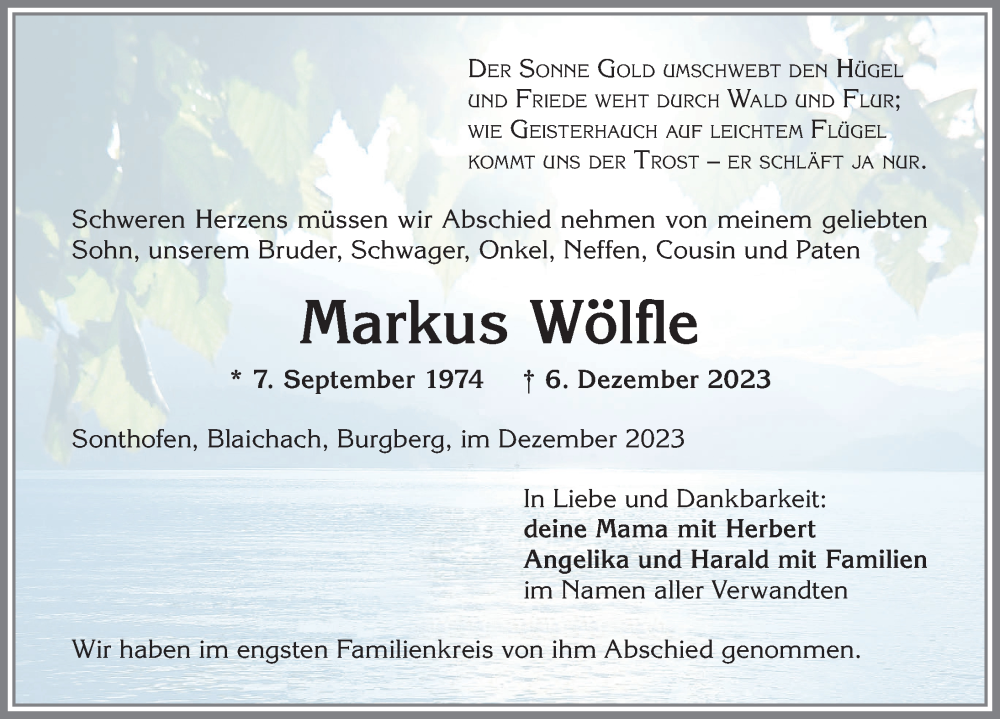  Traueranzeige für Markus Wölfle vom 16.12.2023 aus Allgäuer Anzeigeblatt