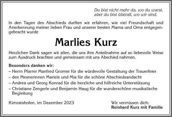 Traueranzeige von Marlies Kurz von Allgäuer Zeitung,Kempten