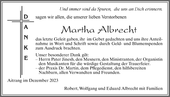 Traueranzeige von Martha Albrecht von Allgäuer Zeitung, Marktoberdorf