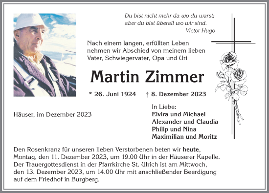 Traueranzeige von Martin Zimmer von Allgäuer Anzeigeblatt