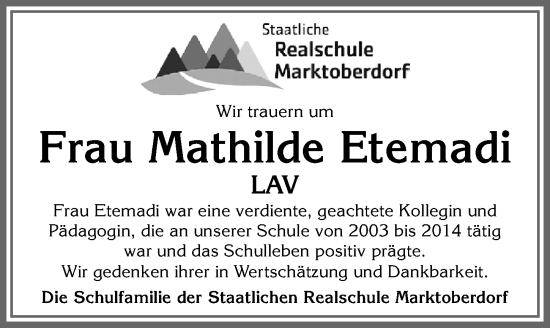 Traueranzeige von Mathilde Etemadi von Allgäuer Zeitung, Marktoberdorf