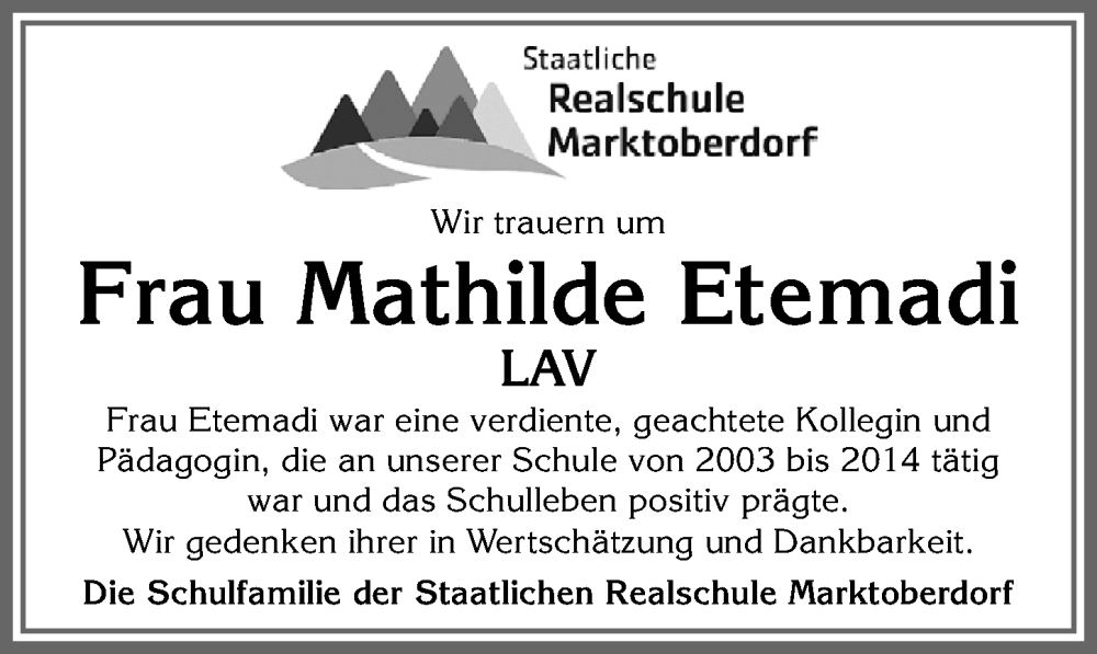 Traueranzeige für Mathilde Etemadi vom 02.12.2023 aus Allgäuer Zeitung, Marktoberdorf