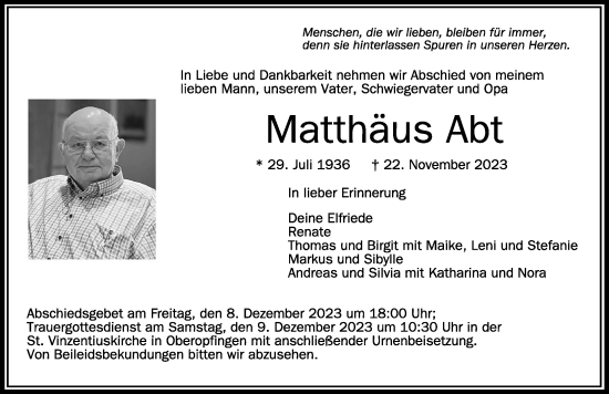 Traueranzeige von Matthäus Abt von Memminger Zeitung