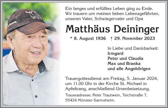 Traueranzeige von Matthäus Deininger von Allgäuer Zeitung, Kaufbeuren/Buchloe