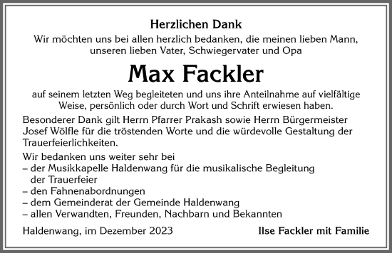 Traueranzeige von Max Fackler von Allgäuer Zeitung,Kempten