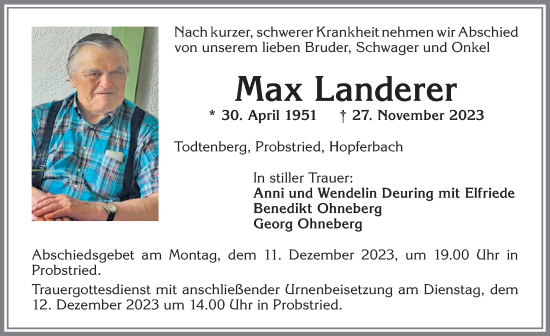 Traueranzeige von Max Landerer von Allgäuer Zeitung,Kempten