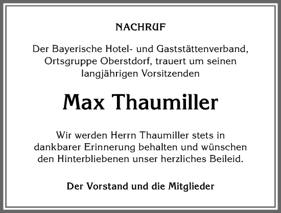 Traueranzeige von Max Thaumiller von Allgäuer Anzeigeblatt