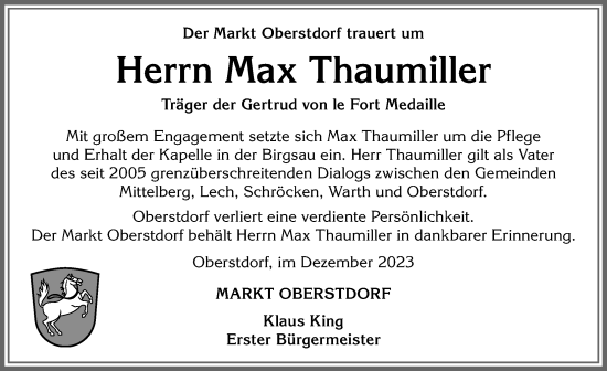 Traueranzeige von Max Thaumiller von Allgäuer Anzeigeblatt