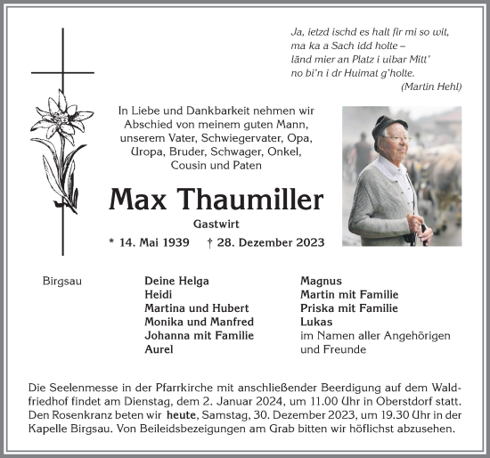 Traueranzeige von Max Thaumiller von Allgäuer Anzeigeblatt