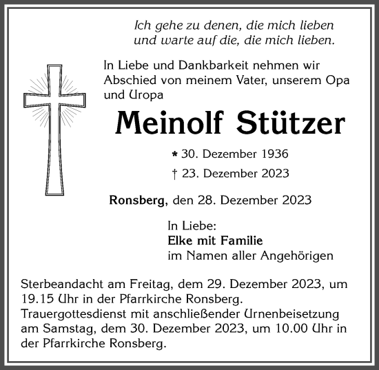 Traueranzeige von Meinolf Stützer von Allgäuer Anzeigeblatt