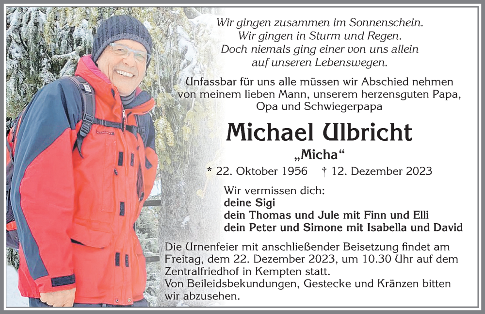  Traueranzeige für Michael Ulbricht vom 16.12.2023 aus Allgäuer Zeitung,Kempten