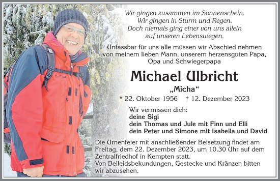 Traueranzeige von Michael Ulbricht von Allgäuer Zeitung,Kempten