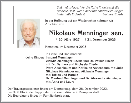 Traueranzeige von Nikolaus Menninger von Allgäuer Zeitung,Kempten