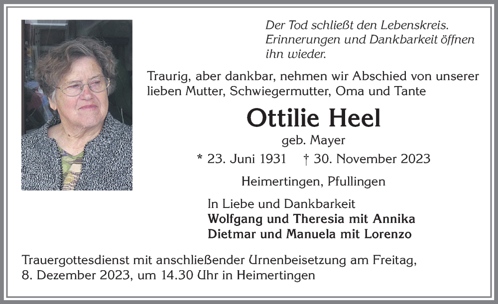  Traueranzeige für Ottilie Heel vom 05.12.2023 aus Memminger Zeitung
