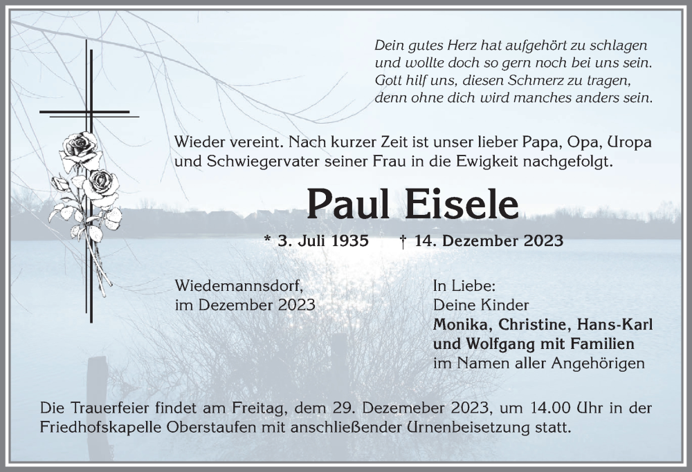  Traueranzeige für Paul Eisele vom 23.12.2023 aus Allgäuer Anzeigeblatt