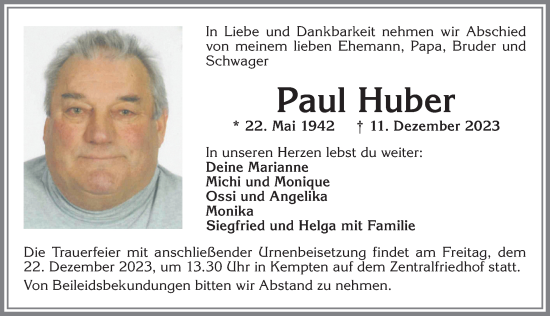 Traueranzeige von Paul Huber von Allgäuer Zeitung,Kempten