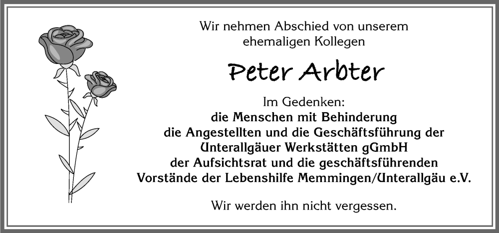  Traueranzeige für Peter Arbter vom 08.12.2023 aus Memminger Zeitung