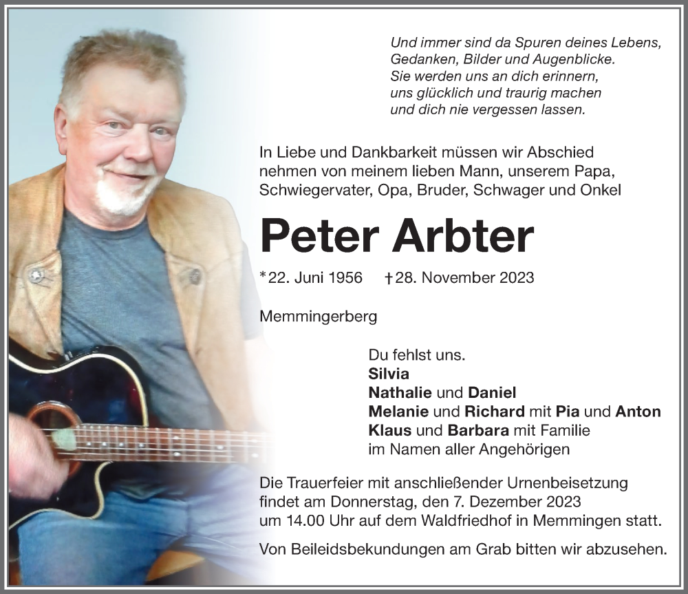  Traueranzeige für Peter Arbter vom 02.12.2023 aus Memminger Zeitung