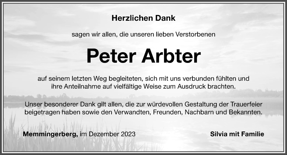  Traueranzeige für Peter Arbter vom 15.12.2023 aus Memminger Zeitung