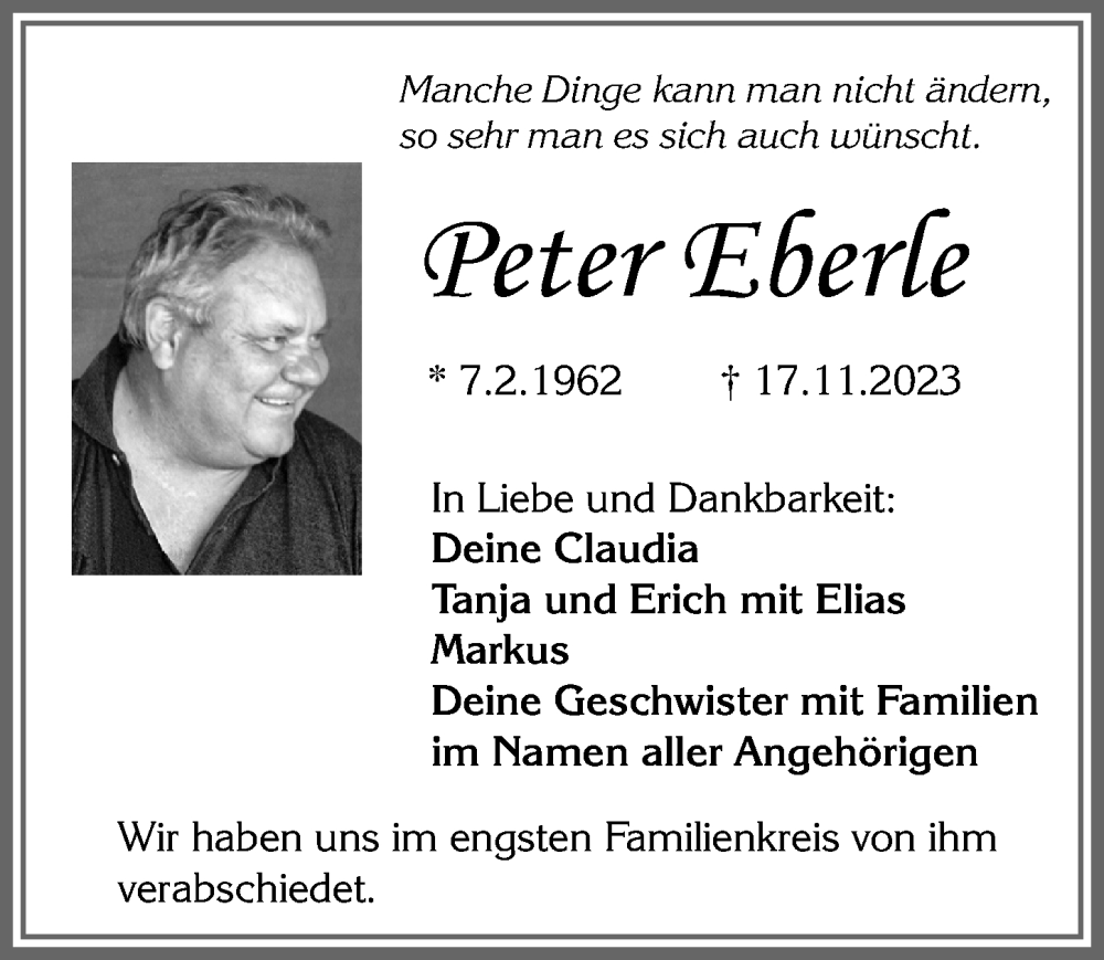  Traueranzeige für Peter Eberle vom 01.12.2023 aus Allgäuer Zeitung, Füssen