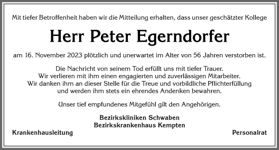 Traueranzeige von Peter Egerndorfer von Allgäuer Zeitung, Kaufbeuren/Buchloe