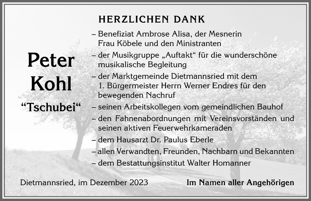  Traueranzeige für Peter Kohl vom 02.12.2023 aus Allgäuer Zeitung,Kempten