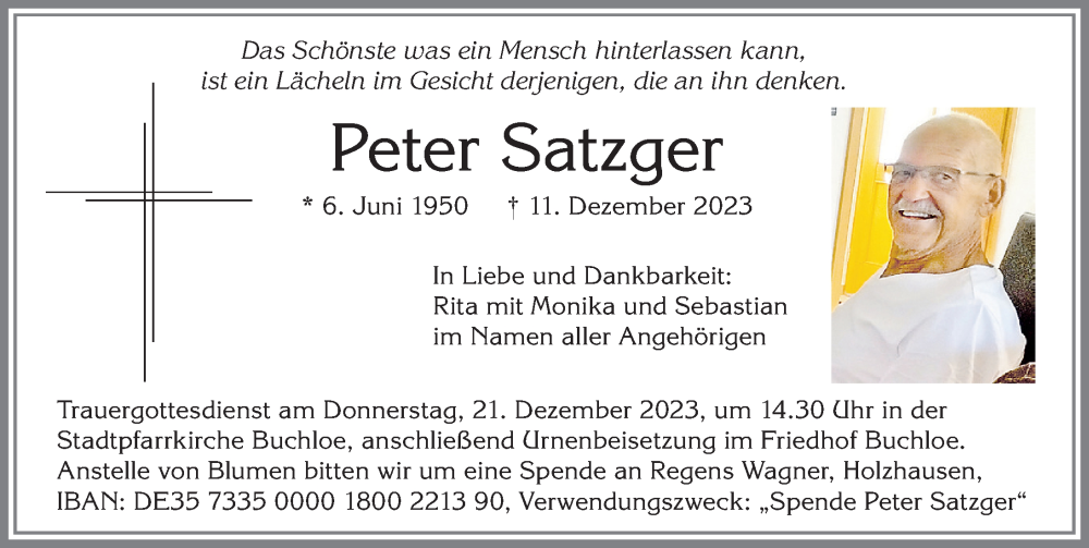  Traueranzeige für Peter Satzger vom 16.12.2023 aus Allgäuer Zeitung, Kaufbeuren/Buchloe