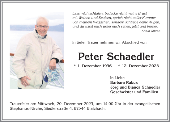 Traueranzeige von Peter Schaedler von Allgäuer Anzeigeblatt