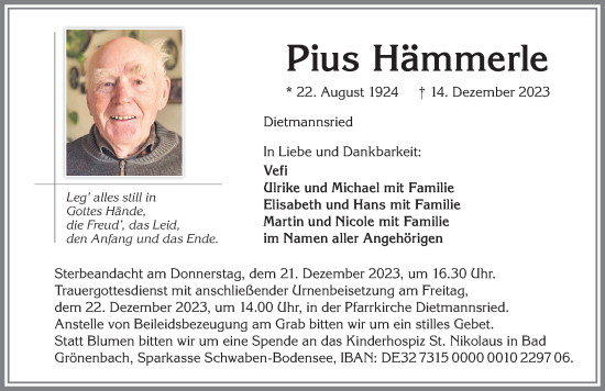 Traueranzeige von Pius Hämmerle von Allgäuer Zeitung,Kempten