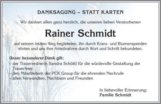 Traueranzeige von Rainer Schmidt von Allgäuer Zeitung,Kempten