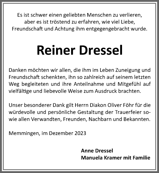 Traueranzeige von Reiner Dressel von Memminger Zeitung