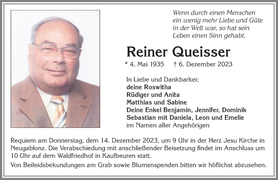 Traueranzeige von Reiner Queisser von Allgäuer Zeitung, Kaufbeuren/Buchloe