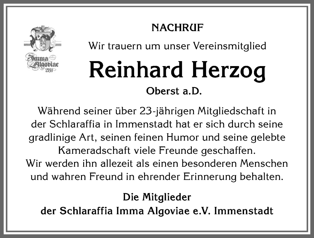  Traueranzeige für Reinhard Herzog vom 16.12.2023 aus Allgäuer Anzeigeblatt