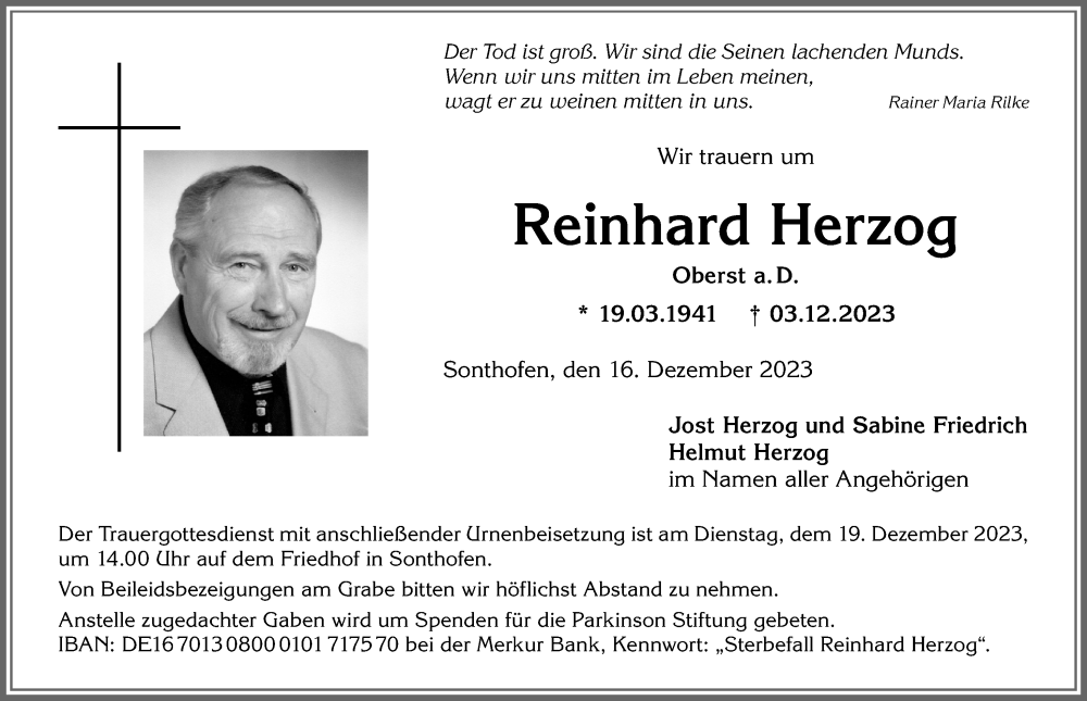  Traueranzeige für Reinhard Herzog vom 16.12.2023 aus Allgäuer Anzeigeblatt