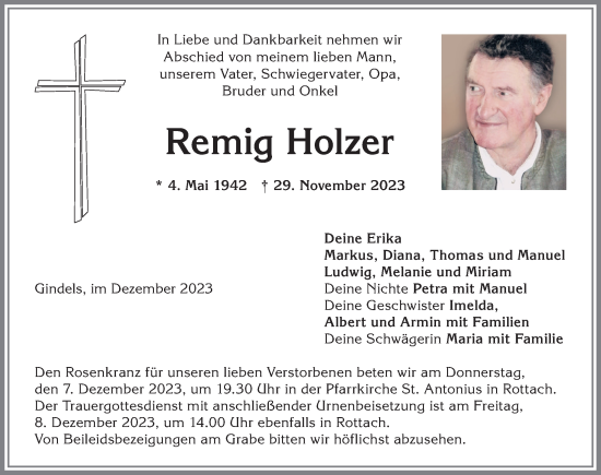 Traueranzeige von Remig Holzer von Allgäuer Zeitung,Kempten