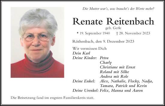 Traueranzeige von Renate Reitenbach von Der Westallgäuer