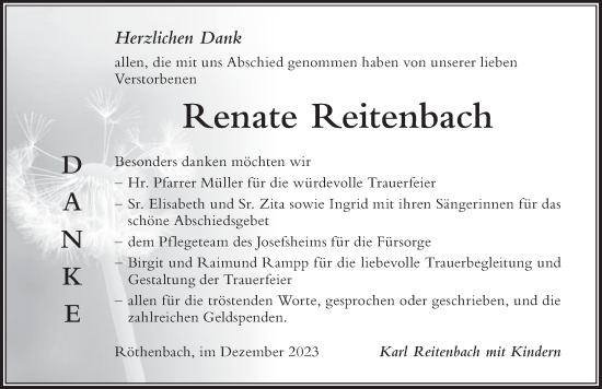Traueranzeige von Renate Reitenbach von Der Westallgäuer