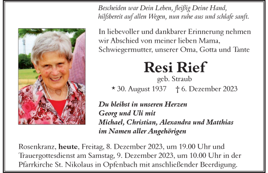 Traueranzeige von Resi Rief von Der Westallgäuer