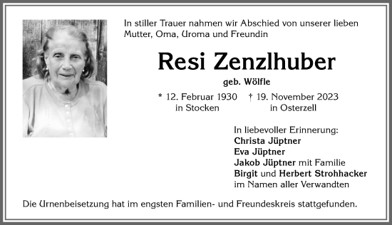 Traueranzeige von Resi Zenzlhuber von Allgäuer Zeitung, Kaufbeuren/Buchloe