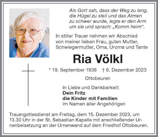 Traueranzeige von Ria Völkl von Memminger Zeitung