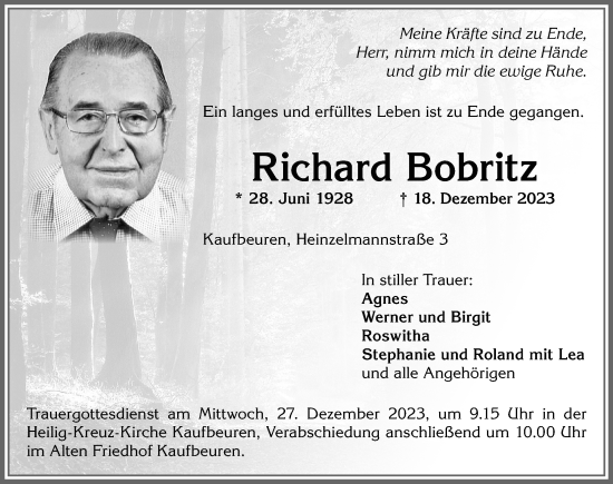 Traueranzeige von Richard Bobritz von Allgäuer Zeitung, Kaufbeuren/Buchloe