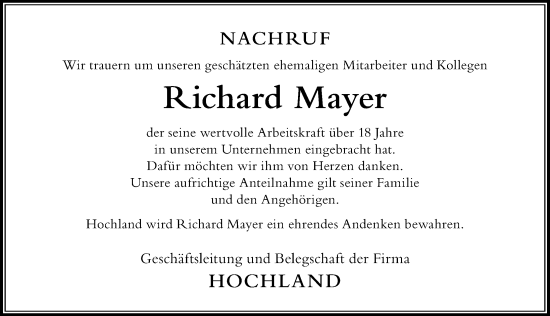 Traueranzeige von Richard Mayer von Der Westallgäuer