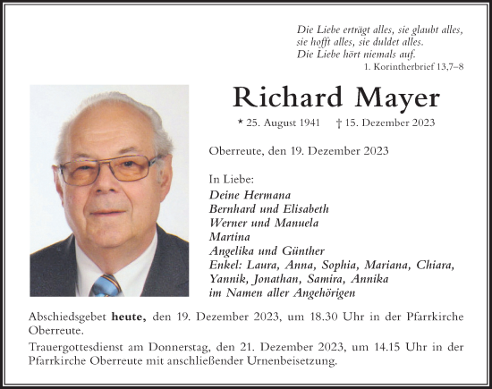 Traueranzeige von Richard Mayer von Der Westallgäuer