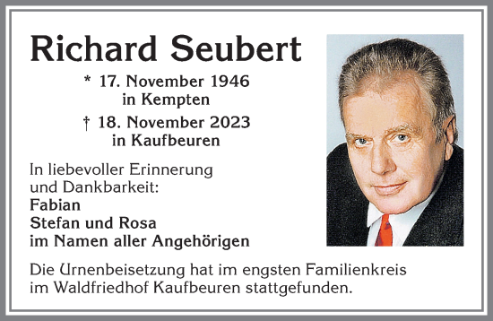 Traueranzeige von Richard Seubert von Allgäuer Zeitung, Kaufbeuren/Buchloe