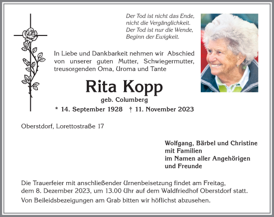 Traueranzeige von Rita Kopp von Allgäuer Anzeigeblatt