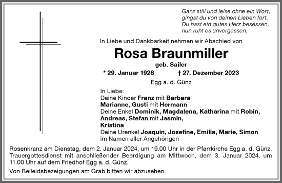 Traueranzeige von Rosa Braunmiller von Memminger Zeitung