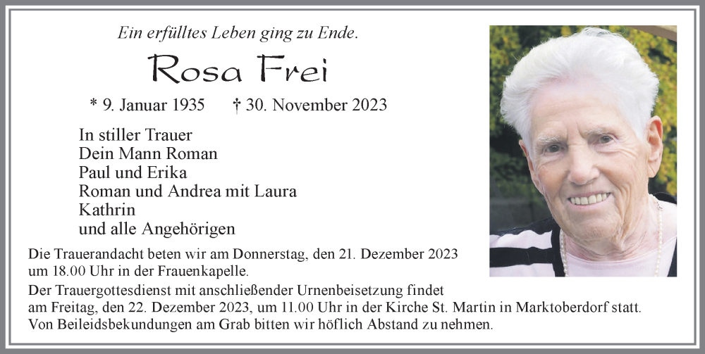  Traueranzeige für Rosa Frei vom 16.12.2023 aus Allgäuer Zeitung, Marktoberdorf
