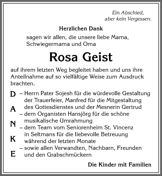 Traueranzeige von Rosa Geist von Allgäuer Anzeigeblatt