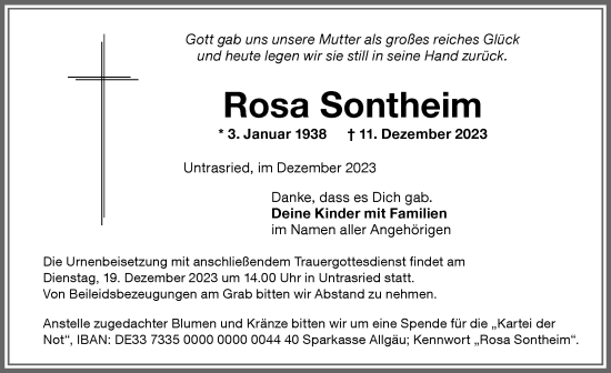 Traueranzeige von Rosa Sontheim von Allgäuer Zeitung, Marktoberdorf